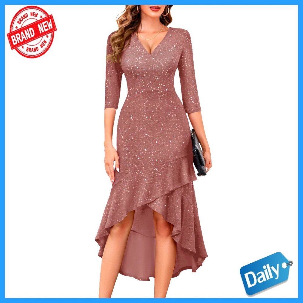 Sequin Formal Cocktail Dress Elegant Sparkly Party Evening Gown Ruffle Hi Low